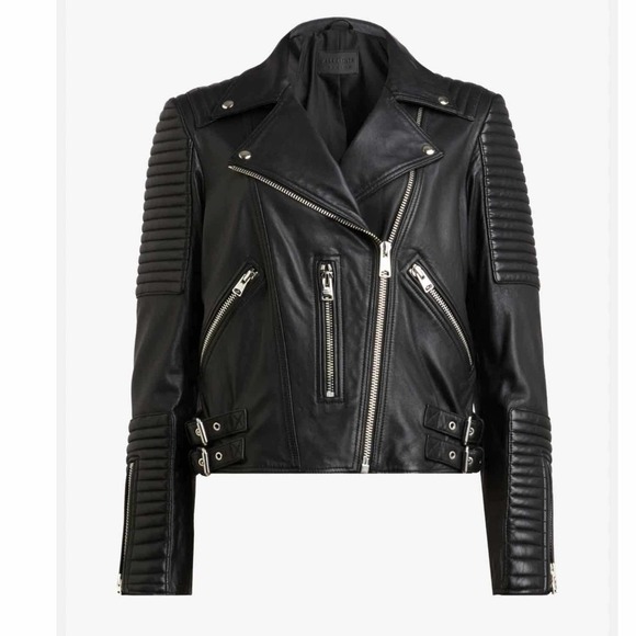 All Saints Estella Biker Moto Lamb Leather Crop Jacket Size 2 Black - Picture 1 of 13